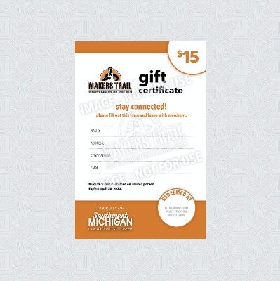 Level One Reward: A Makers Trail $15 Gift Certificate.