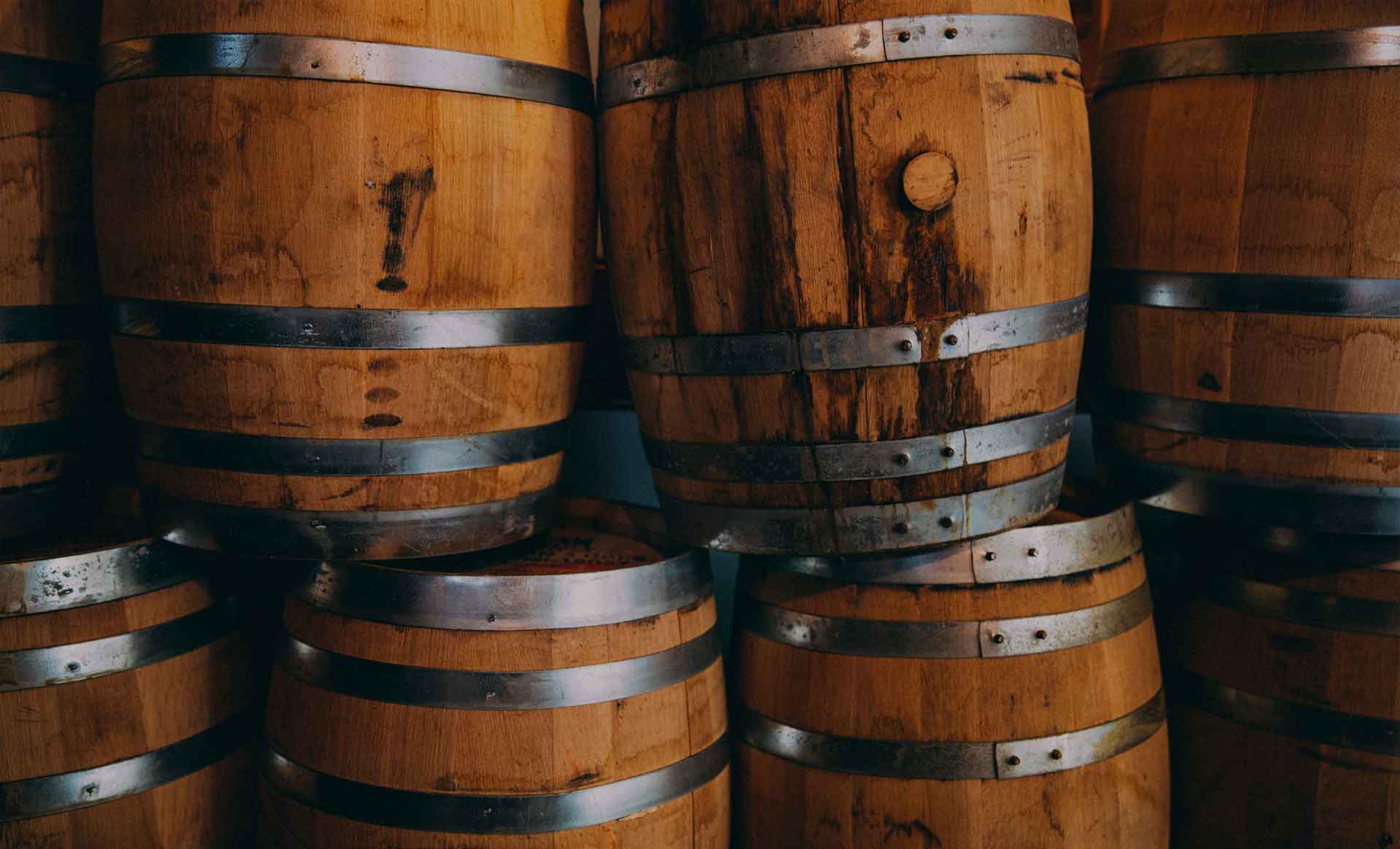 A stack of wooden barrels